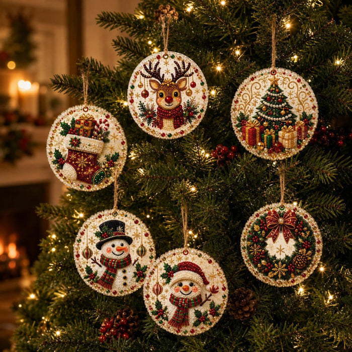 Lunvang Diamantmaling på julekuler i tre, 6 stk.