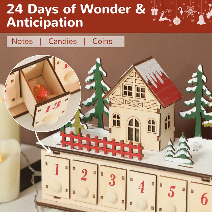 Lunvang Lang adventskalender i tre med lys og skuffer