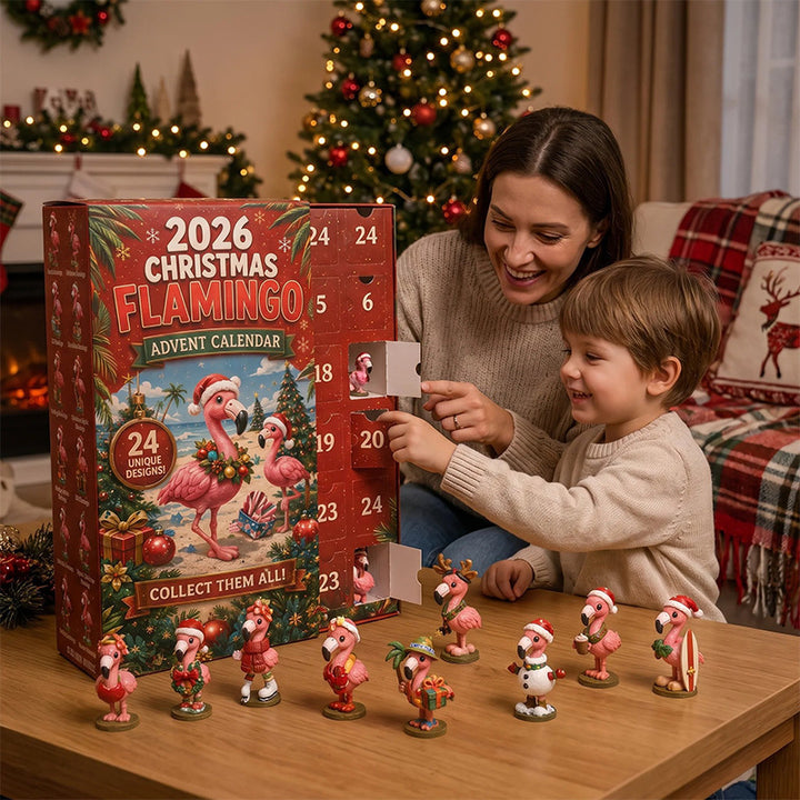 Julekalender med flamingofigurer i juleklær