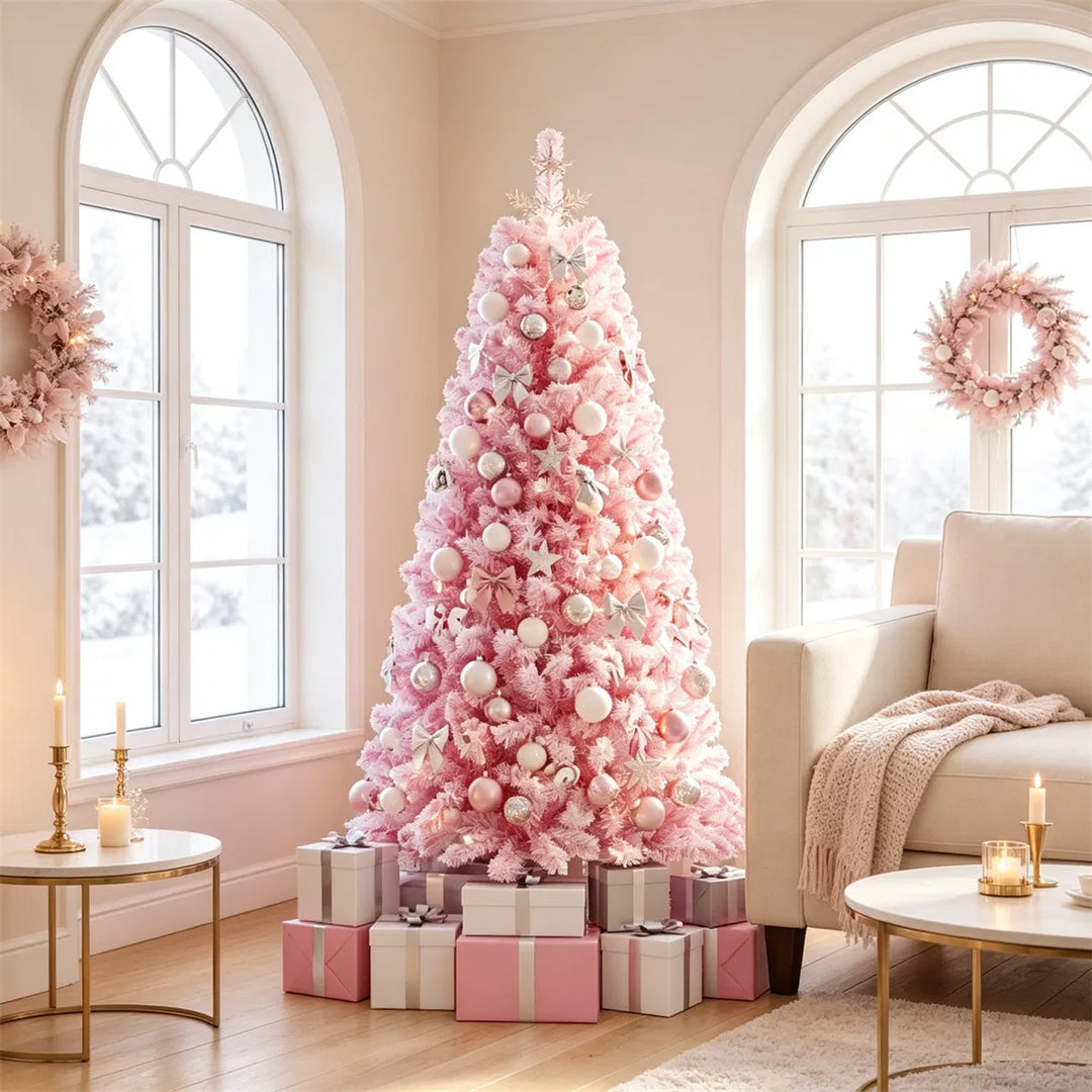 Lite rosa snødekt juletre med lys