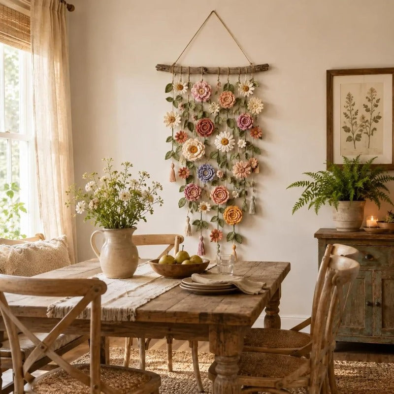 Boho blomsterranke i stoff på trepinne