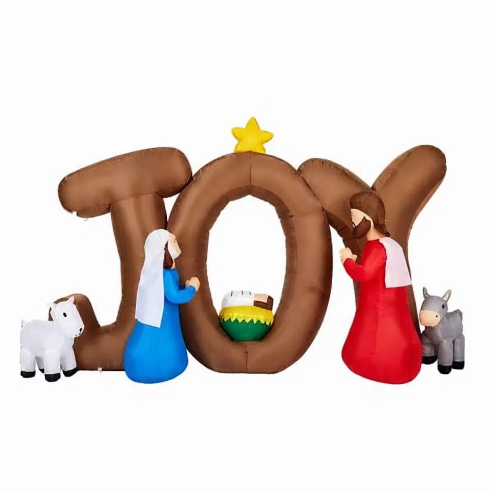 Oppblåsbar julekrybbe med store JOY-bokstaver