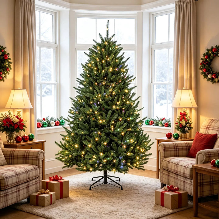 Fyldig grønt juletre med lys og fotbryter
