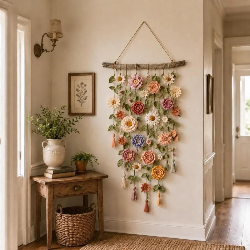 Boho blomsterranke i stoff på trepinne