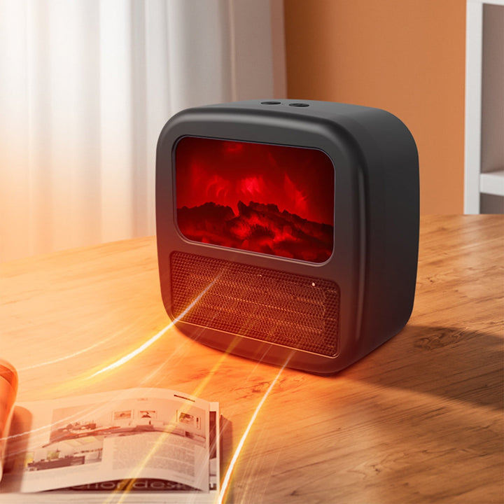 Svart mini vifteovn med flammeeffekt