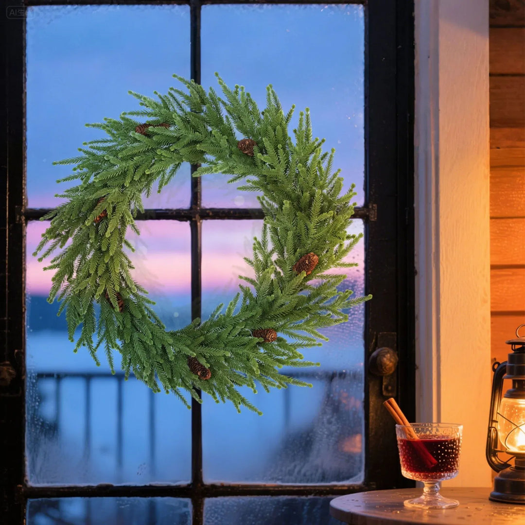 Grønn julekrans med kongler på dør