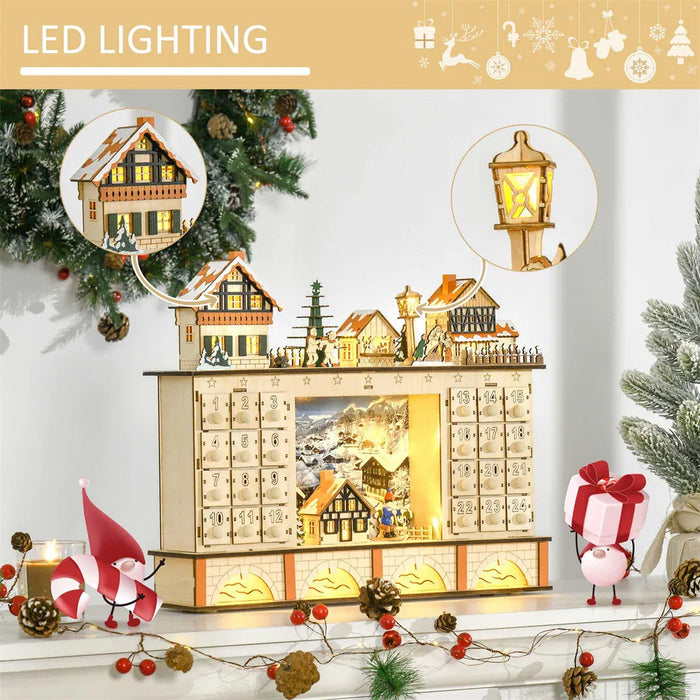 Lunvang Adventskalender i tre med julelandsby og LED-lys