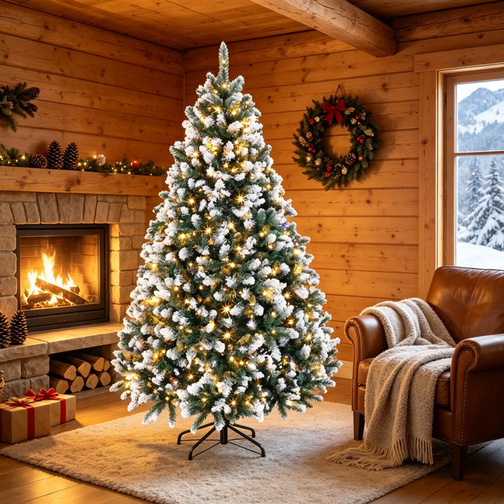 Fyldig juletre med hvite snøtupper og lys