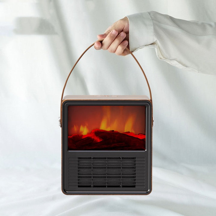 Liten varmeovn i trelook med flammefront