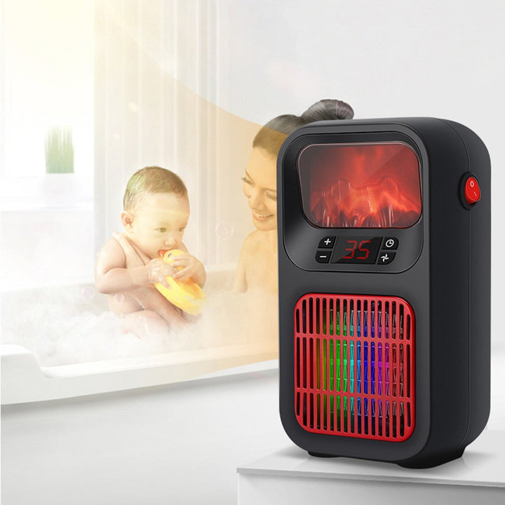 Svart mini varmeovn med flammeeffekt i vegg