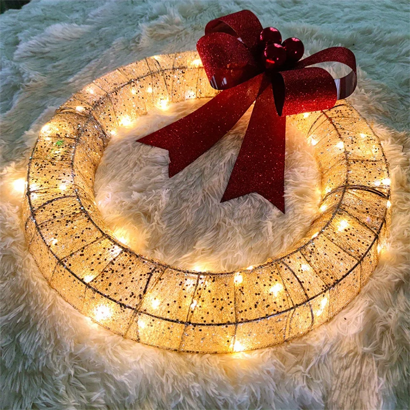 Julekrans med LED-lys og stor sløyfe – 50 cm i metall