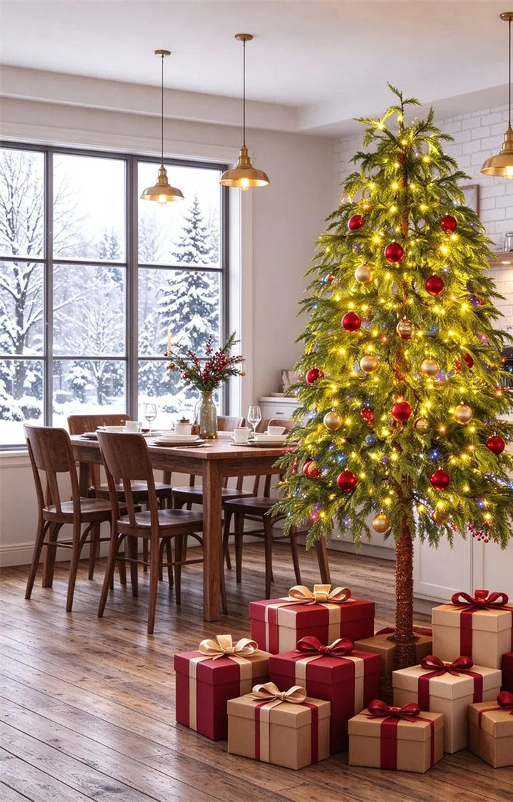 Slankt sypressjuletre med fargeskiftende lys