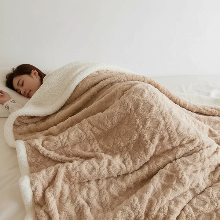 Dobbeltsidig pledd i fleece og lammeull for kalde kvelder
