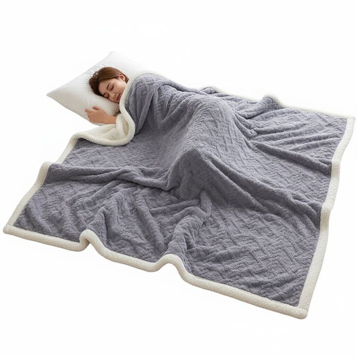 Dobbeltsidig pledd i fleece og lammeull for kalde kvelder