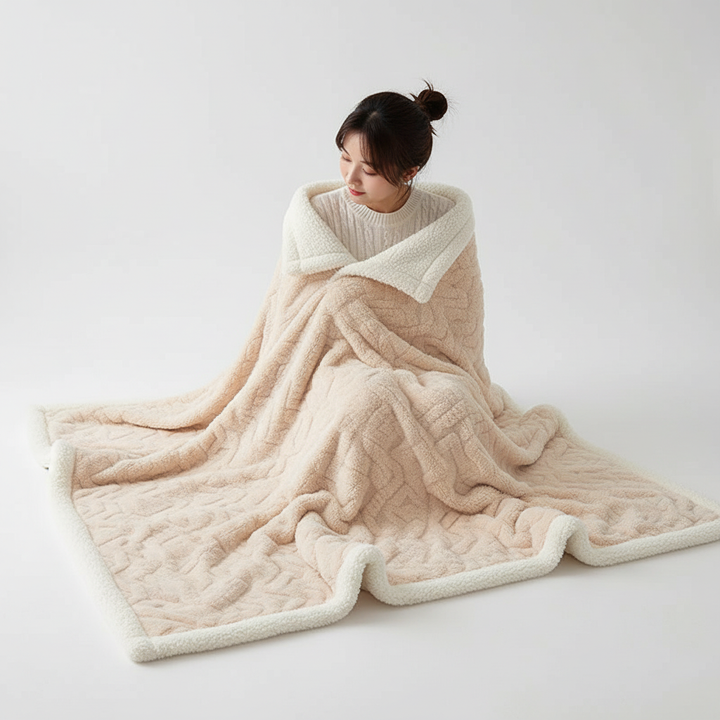 Dobbeltsidig pledd i fleece og lammeull for kalde kvelder