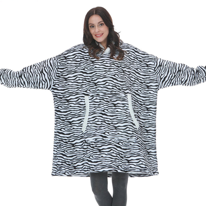Pleddhettegenser i fleece med stor hette og lommer