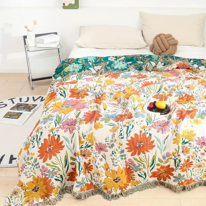 Lunvang™ Bomullspledd i jacquard med markblomster for hele året