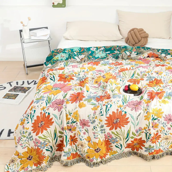 Lunvang™ Bomullspledd i jacquard med markblomster for hele året