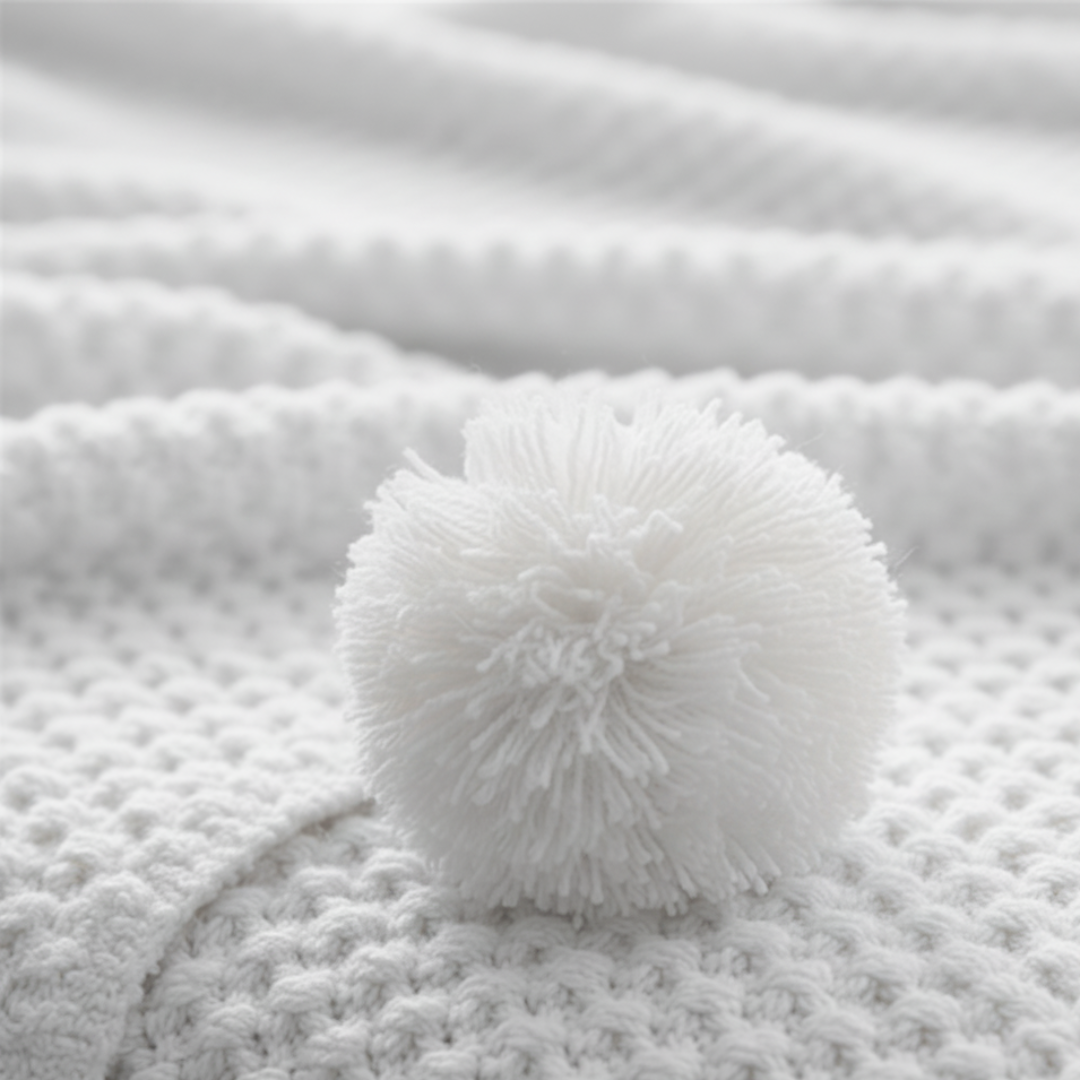 Vaffelstrikket pledd i skandinavisk stil med pompomer