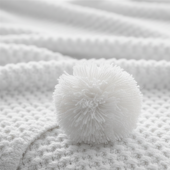 Vaffelstrikket pledd i skandinavisk stil med pompomer