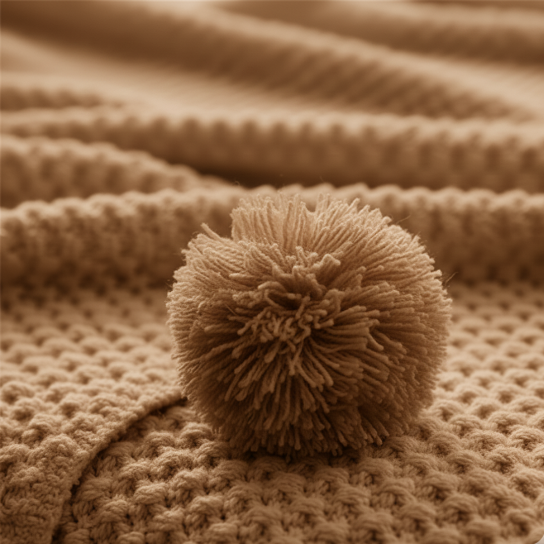 Vaffelstrikket pledd i skandinavisk stil med pompomer