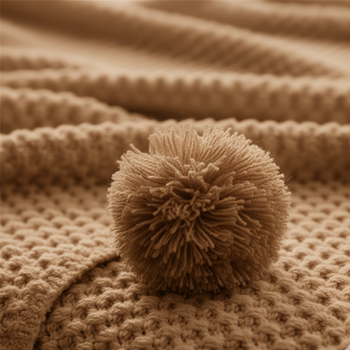 Vaffelstrikket pledd i skandinavisk stil med pompomer