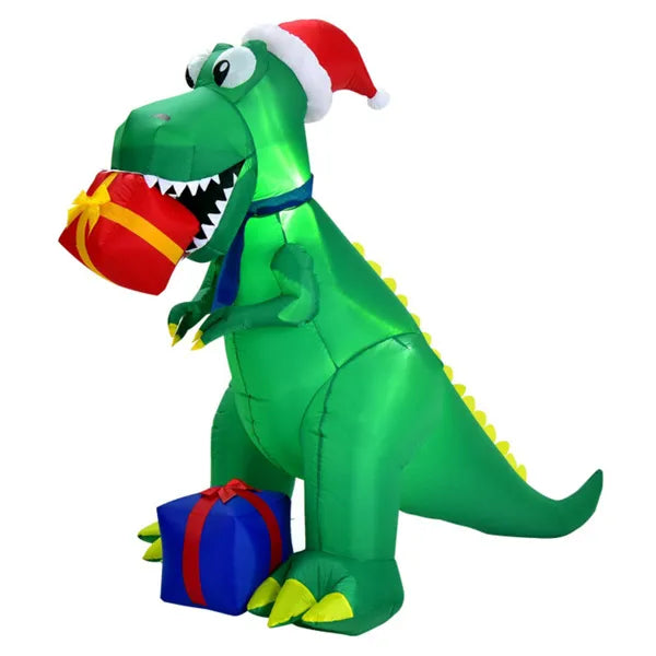 Oppblåsbar T-rex med nisselue og gaver