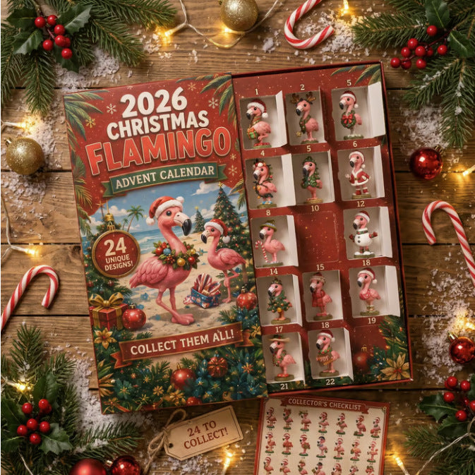 Julekalender med flamingofigurer i juleklær