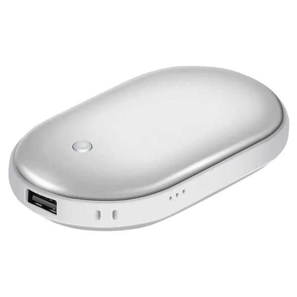 Sølvfarget håndvarmer med powerbank
