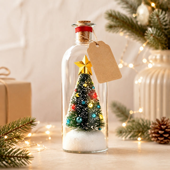 Juletre i flaske med lys og gavelapp