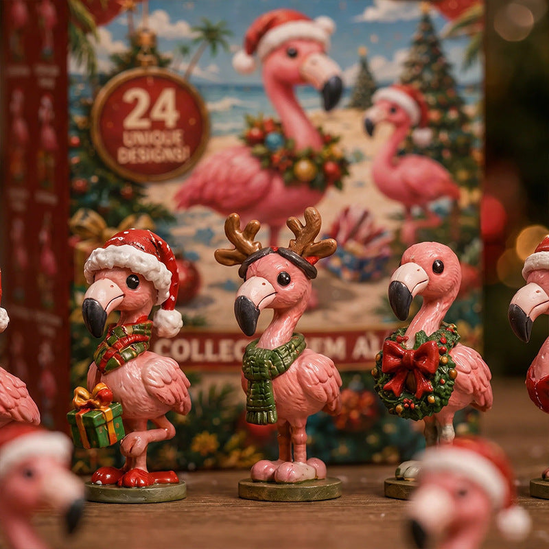Julekalender med flamingofigurer i juleklær