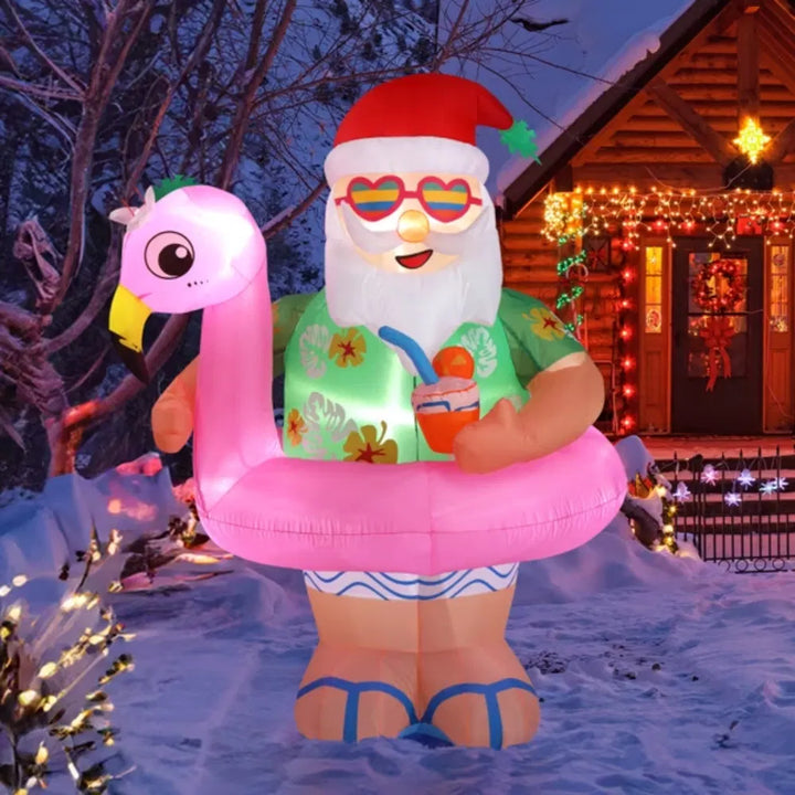 Oppblåsbar nisse i hawaiiskjorte på flamingo