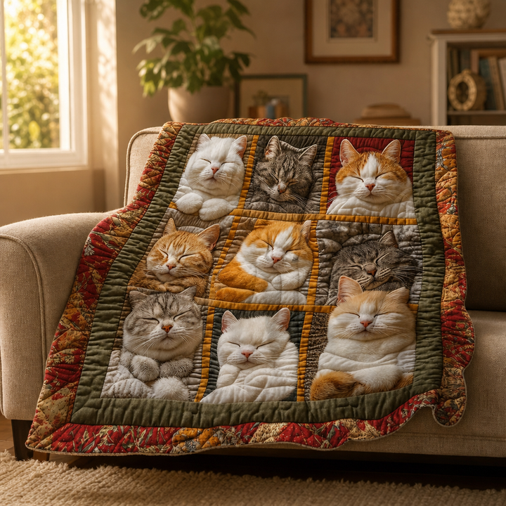 Vendbart flanellpledd med ni sovende katter
