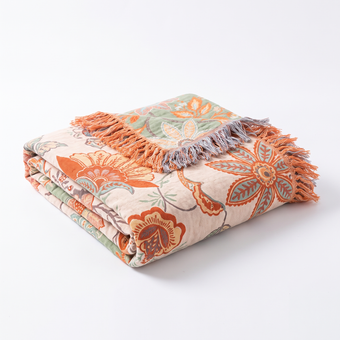 Lunvang™ Blomstret boho-pledd i bomull med frynser i oransje og blått