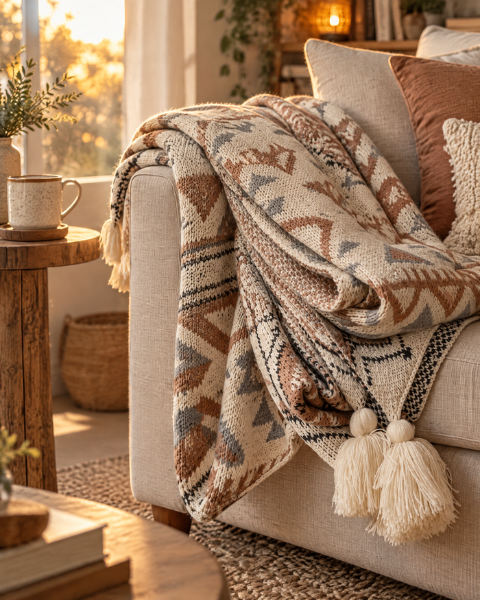 Lunvang™ Strikket boho-pledd med dusker i myk naturbeige