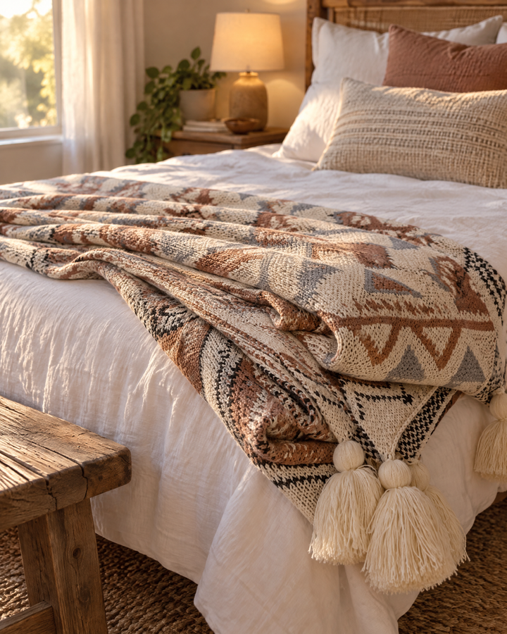 Strikket boho-pledd med dusker i myk naturbeige