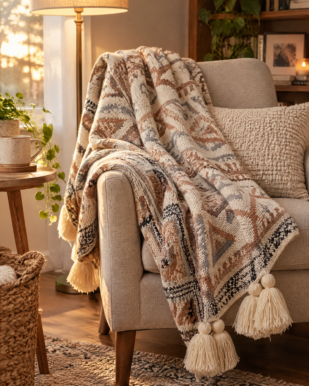 Strikket boho-pledd med dusker i myk naturbeige
