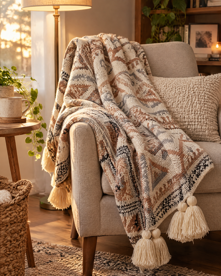 Strikket boho-pledd med dusker i myk naturbeige
