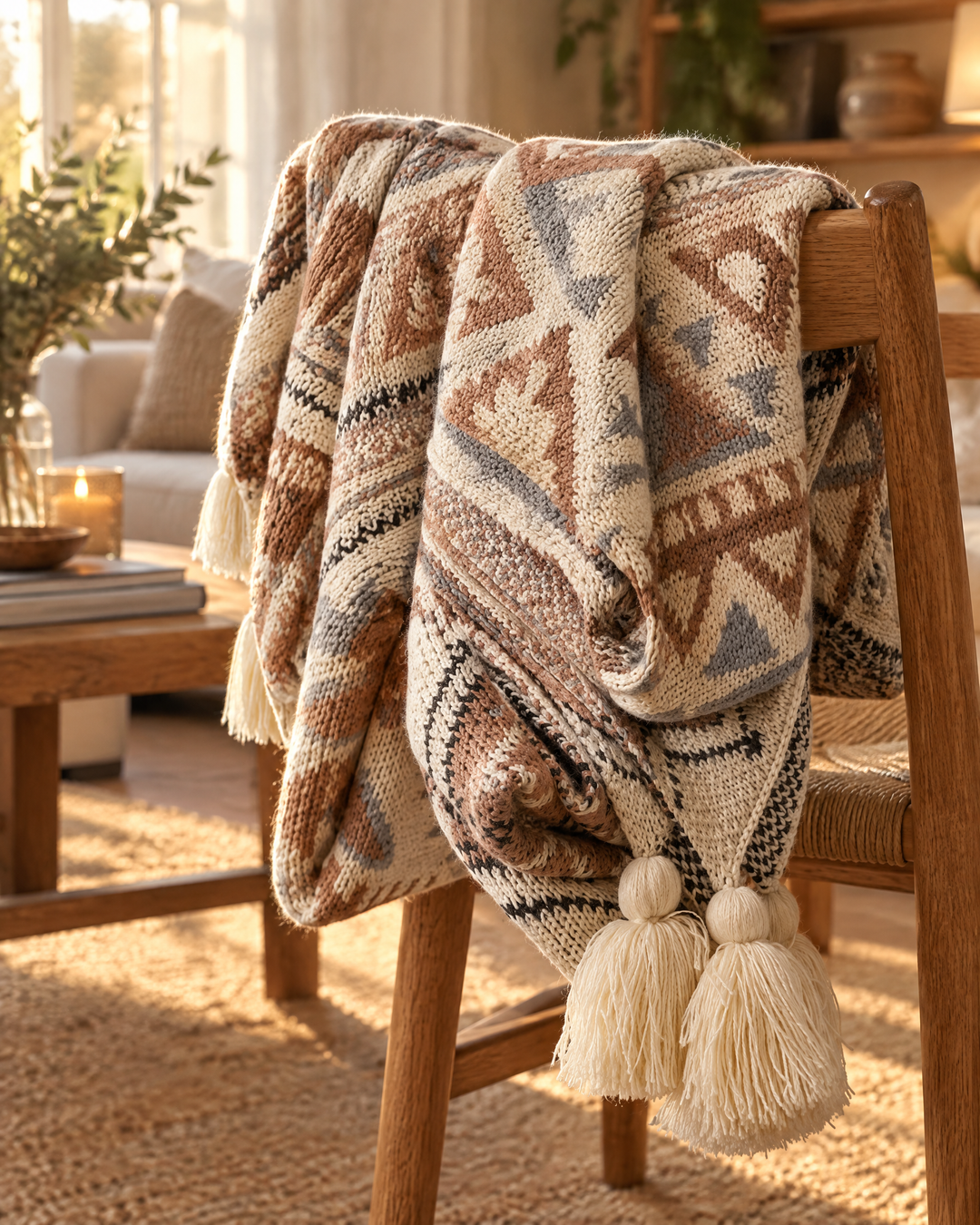 Strikket boho-pledd med dusker i myk naturbeige
