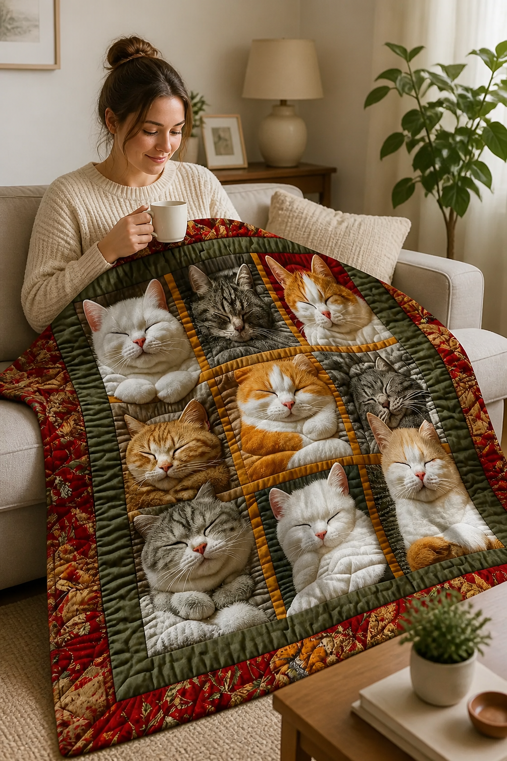 Vendbart flanellpledd med ni sovende katter