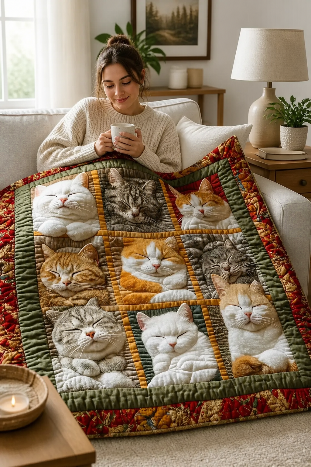 Vendbart flanellpledd med ni sovende katter