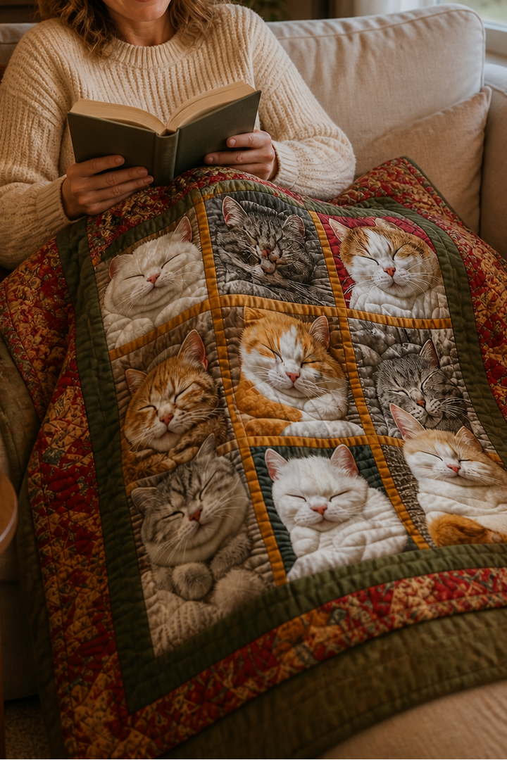 Vendbart flanellpledd med ni sovende katter